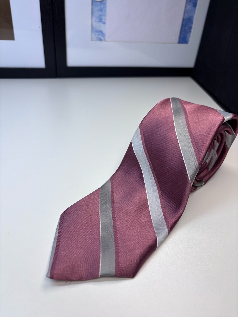 Men's Stripe Satin Tie in Mauve with Silver Accents by Royal Knight
